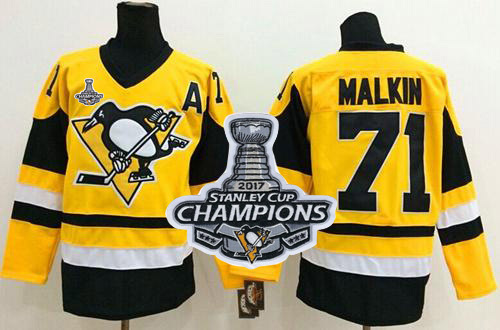 Penguins #71 Evgeni Malkin Yellow Throwback Stanley Cup Finals Champions Stitched NHL Jersey